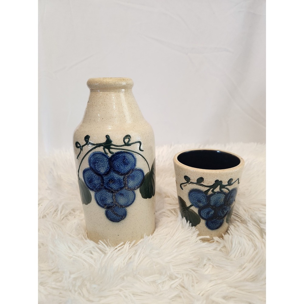 Shadowlawns Stoneware Pottery Blue Grape Decanter Jug and Cup Set Delavan WI